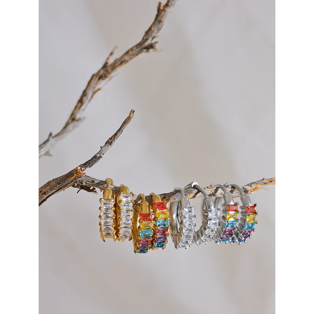 Yhpup colorido branco zircônia cúbica aço inoxidável redondo arco-íris bling brincos de argola para mulheres delicadas jóias de alta qualidade