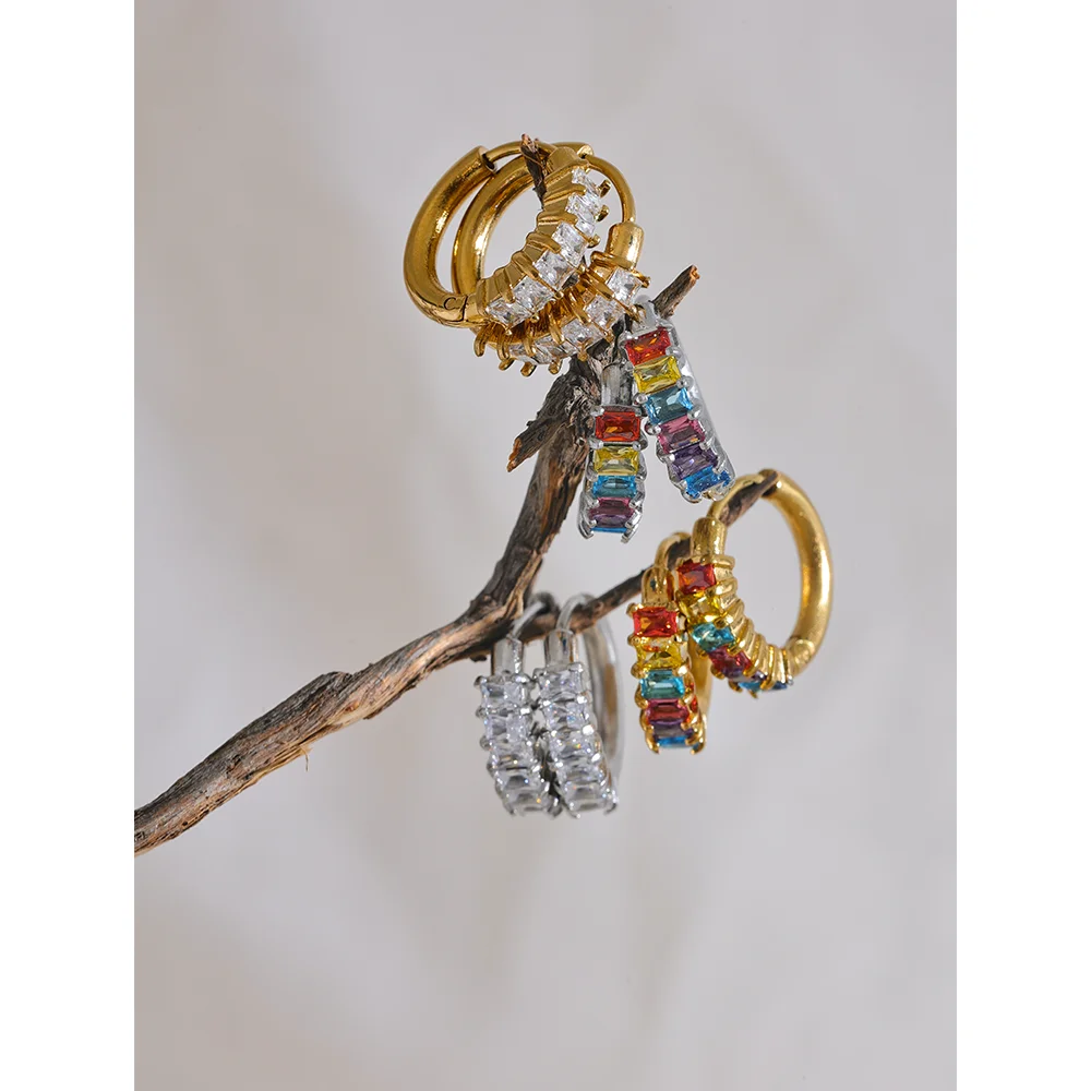 Yhpup colorido branco zircônia cúbica aço inoxidável redondo arco-íris bling brincos de argola para mulheres delicadas jóias de alta qualidade
