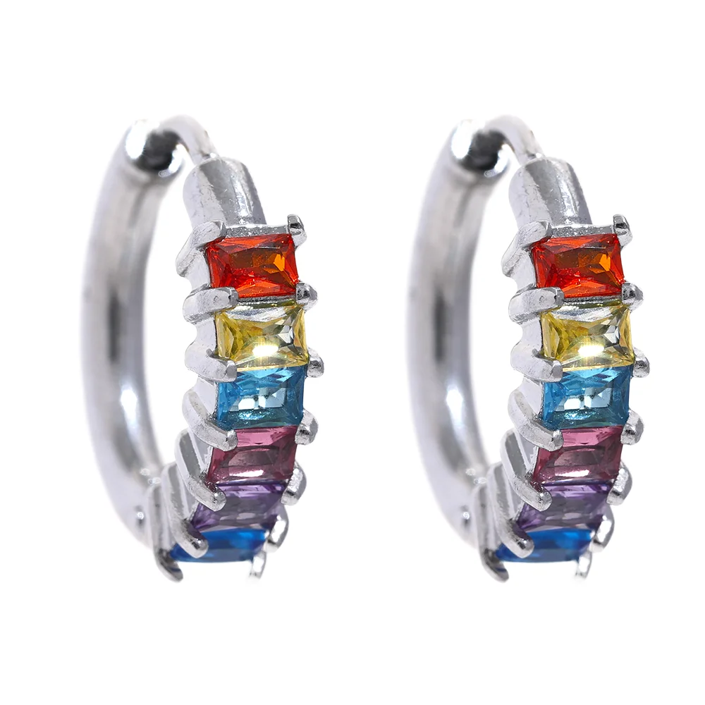 Yhpup colorido branco zircônia cúbica aço inoxidável redondo arco-íris bling brincos de argola para mulheres delicadas jóias de alta qualidade
