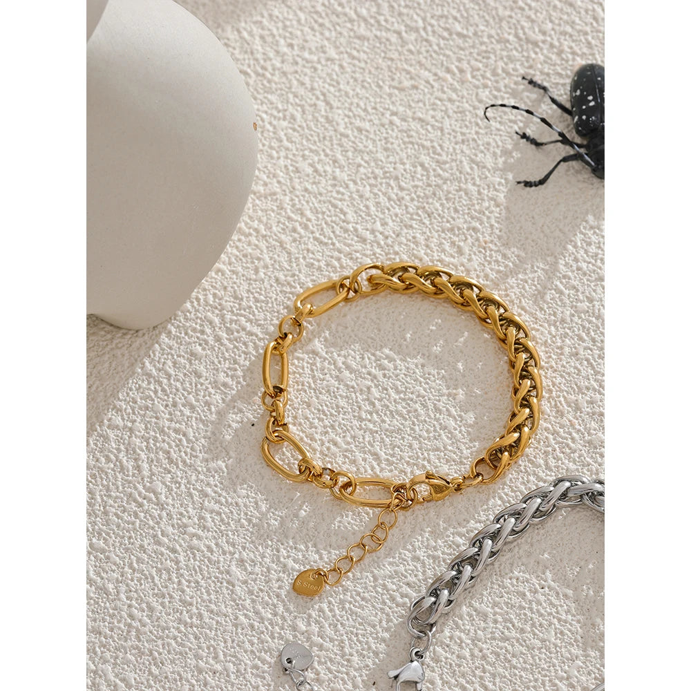 Yhpup moda aço inoxidável metal corrente pulseira pulseira 18k ouro à prova dwaterproof água banhado jóias bijoux femme