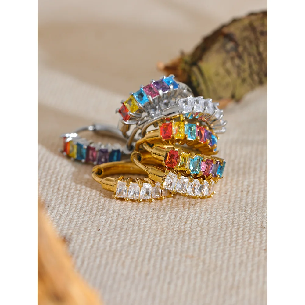Yhpup colorido branco zircônia cúbica aço inoxidável redondo arco-íris bling brincos de argola para mulheres delicadas jóias de alta qualidade