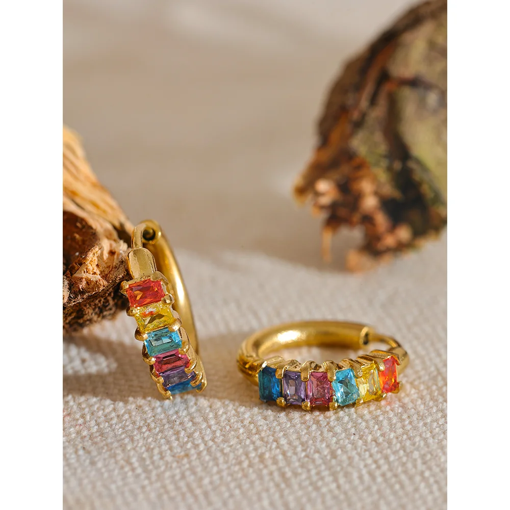 Yhpup colorido branco zircônia cúbica aço inoxidável redondo arco-íris bling brincos de argola para mulheres delicadas jóias de alta qualidade