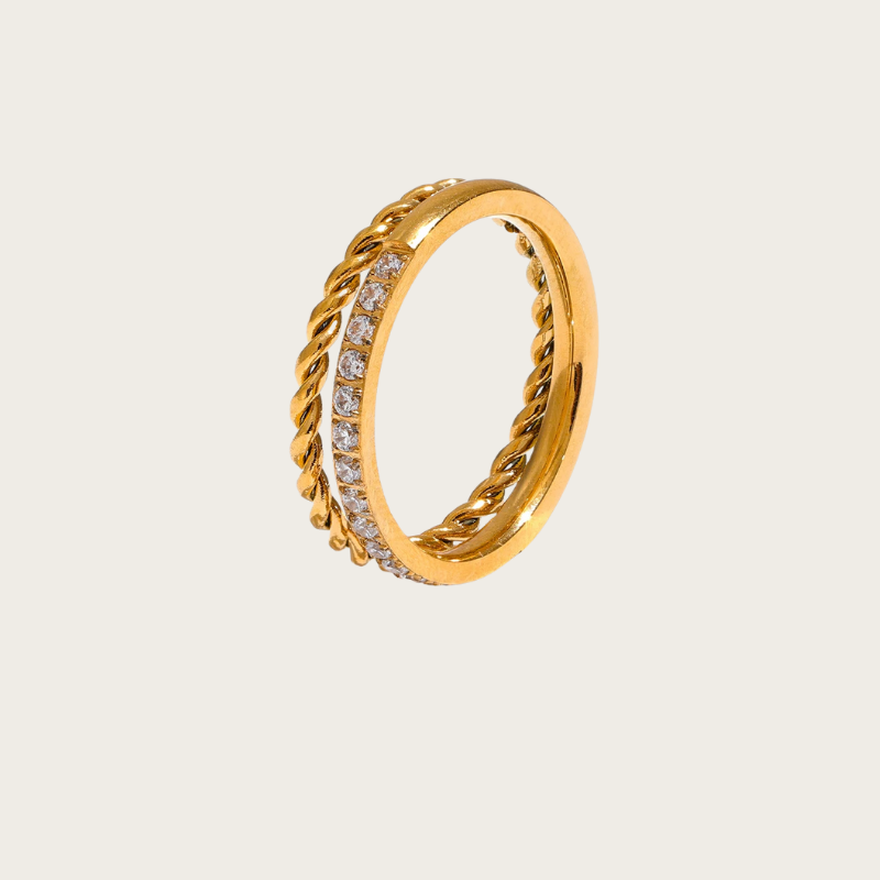 Anel Dourado Duplo com Zircônia para Mulheres