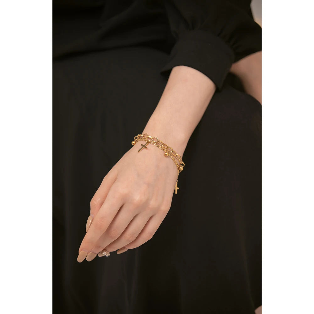 Yhpup cruz de aço inoxidável em camadas pulseira para feminino charme metal 14 k banhado na moda ouro pulso design exclusivo jóias jewelry jewelry jewelry к jewelry