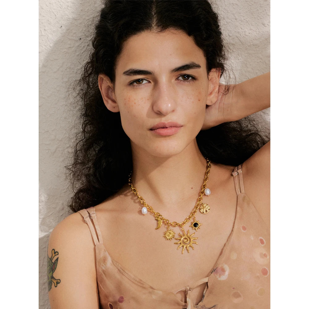 Yhpup na moda estrela do mar lua em forma de sol pingente charme colar declaração aço inoxidável corrente dourada moda jóias pvd banhado