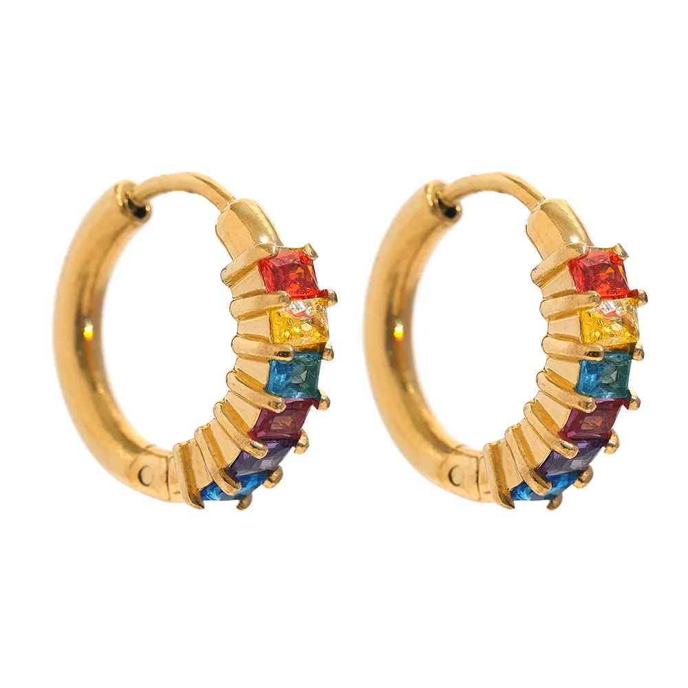 Yhpup colorido branco zircônia cúbica aço inoxidável redondo arco-íris bling brincos de argola para mulheres delicadas jóias de alta qualidade